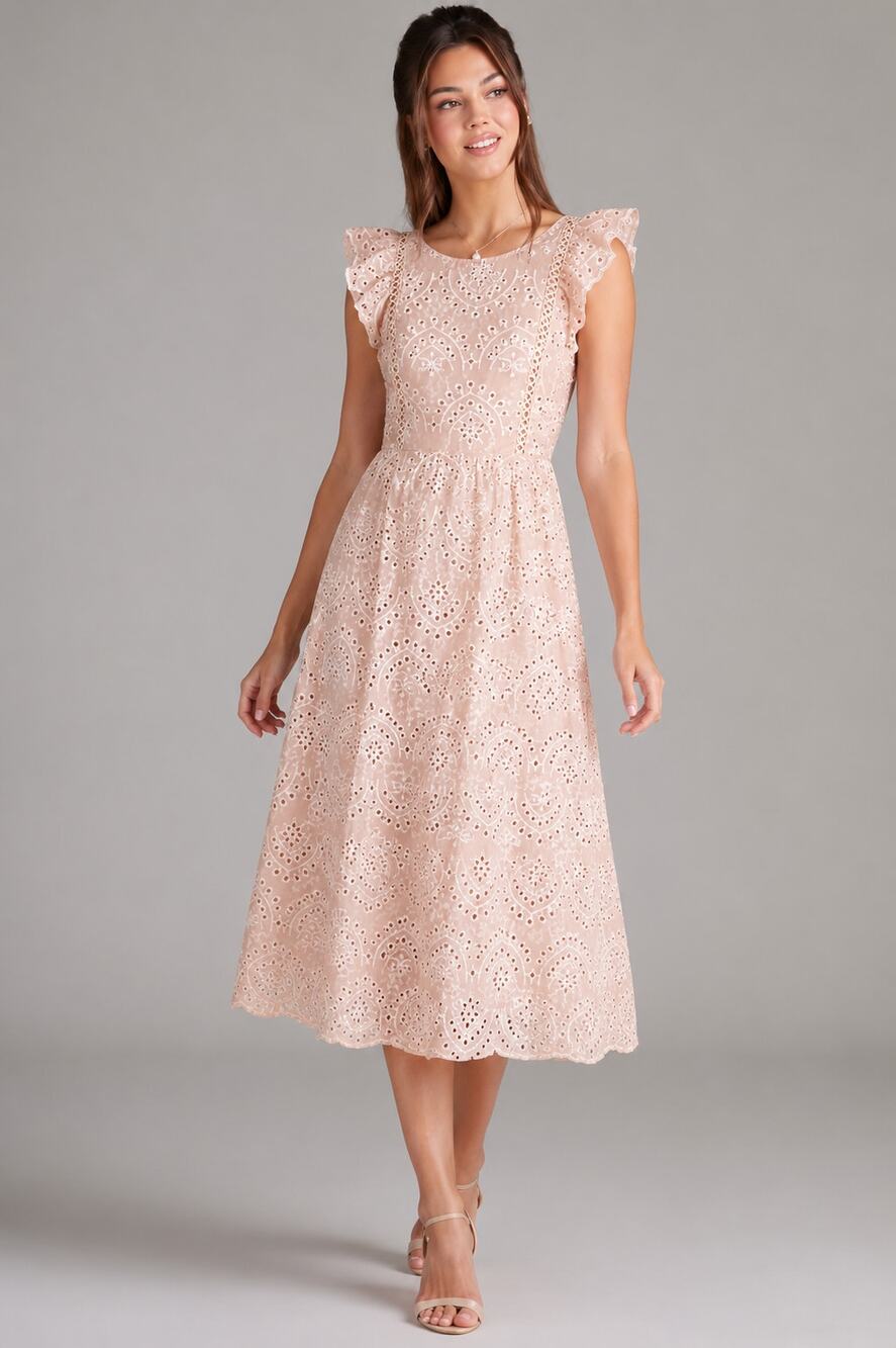 Sam Edelman Eyelet Embroidered Midi Dress Natural Flutter Sleeve NWT Size 4